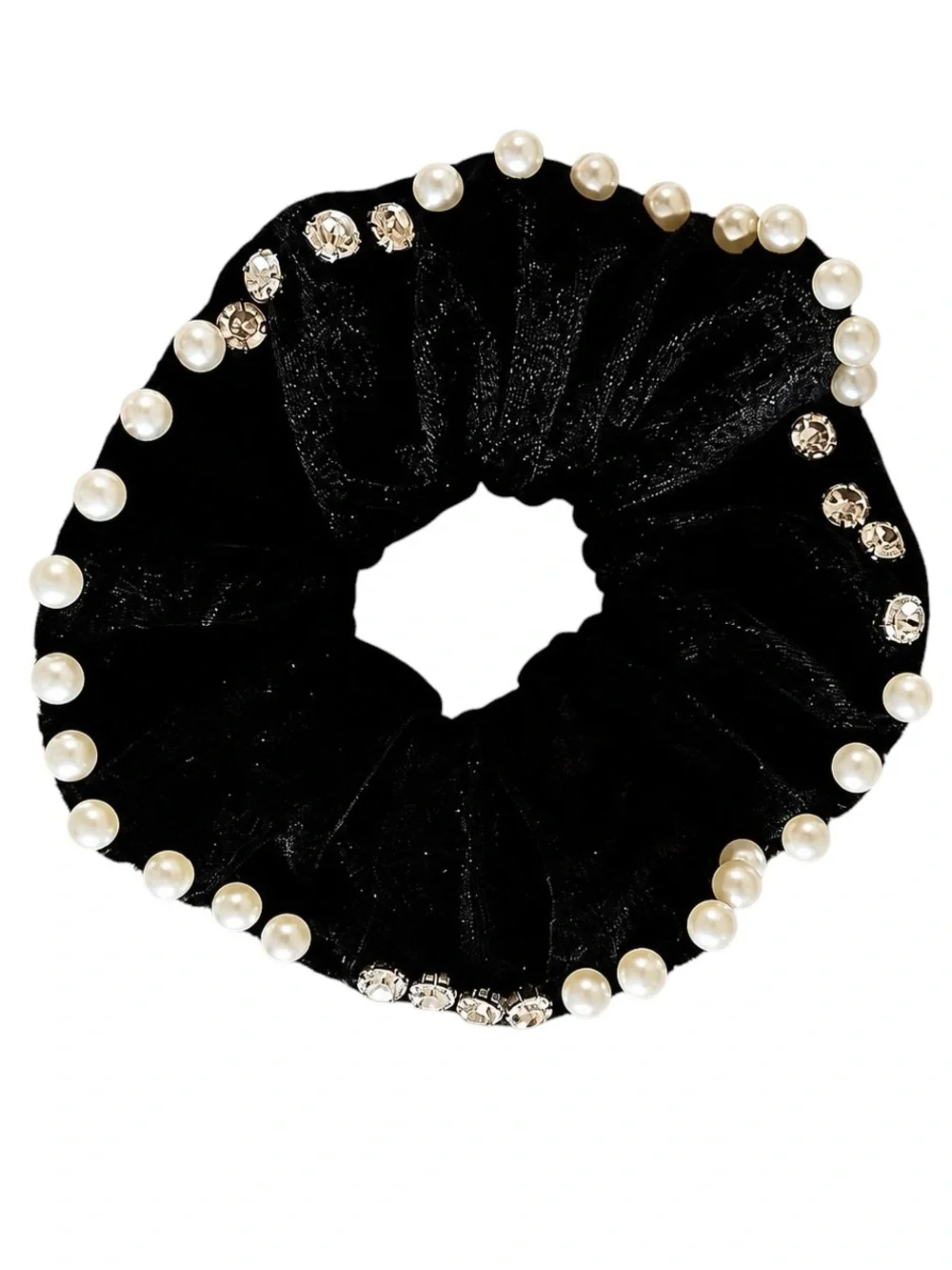 New Black Velvet & Allover White Pearl Rhinestone Comfy Scrunchie Hair Tie